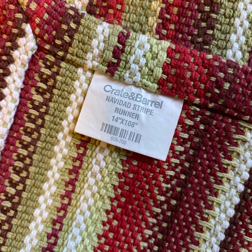 Crate & Barrel Holiday Green Red White Stripe Navidad Stripe Table Runner 14x108 - Picture 3 of 3
